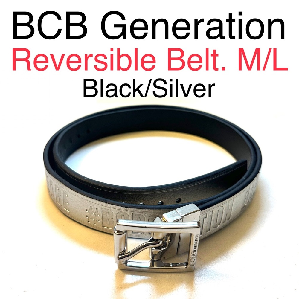 M/L BCBGeneration Reversible Belt Silver Logo Solid Black